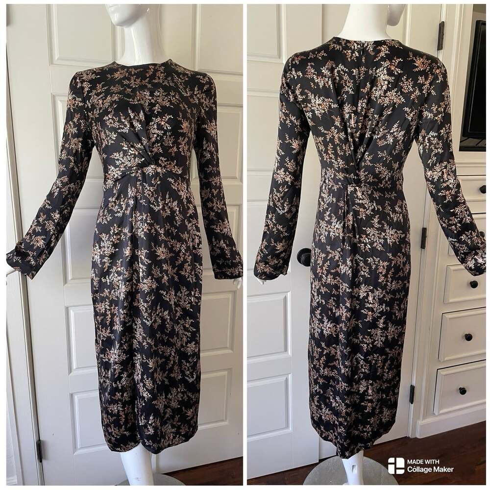 VINCE Eden Branch Print Twist Pleated Drape Long Sleeve Silk Dress Classic Sz S